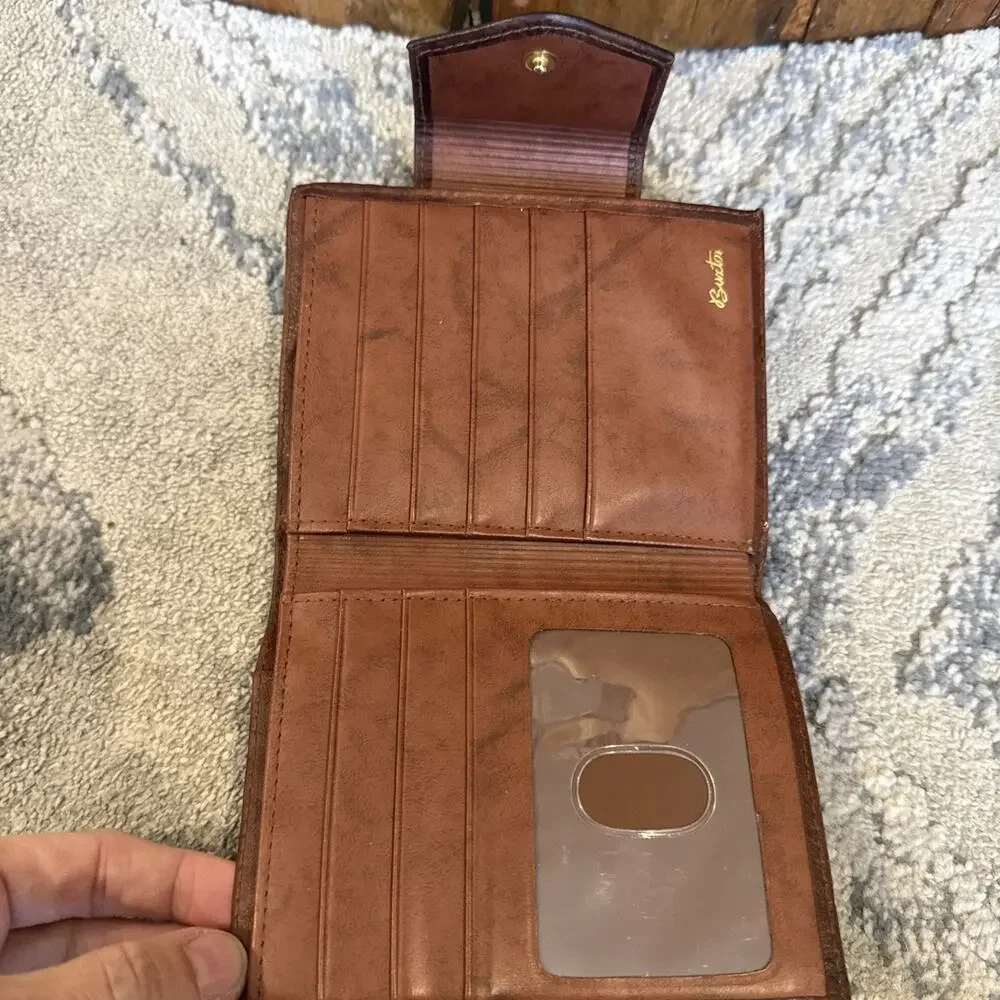 Vintage 80s Buxton Brown Marbled 100% Leather Floral Embossed Bifold Wallet